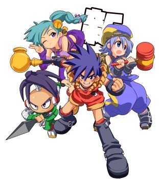 2boys 2girls all_fours android aqua_hair arm_guards arm_warmers bell belt belt_buckle beret black_arm_warmers black_belt black_boots black_eyes black_hair blue_eyes blue_hair blue_hat blue_pants blue_shirt boots buckle clenched_hand closed_mouth commentary_request crop_top ebisu_(goemon:_shin_sedai_shuumei!) fur-trimmed_arm_warmers fur-trimmed_shirt fur_trim ganbare_goemon goemon:_shin_sedai_shuumei! goemon_(goemon:_shin_sedai_shuumei!) goggles goggles_on_head hair_bell hair_between_eyes hair_ornament hammer hand_up hat highres holding holding_hammer holding_kunai holding_smoking_pipe holding_weapon japanese_clothes jingle_bell katana kiseru knee_boots kunai looking_at_viewer multiple_boys multiple_girls one_eye_closed open_mouth oversized_object pants purple_arm_warmers purple_eyes purple_hair purple_shirt purple_skirt red_shirt red_shorts robot_ears sakurajyousui_nami sandals sasuke_mk_ii shirt short_hair shorts side_ponytail simple_background skirt smile smoking_pipe socks spiked_hair standing sword sword_on_back tabi topknot w weapon weapon_on_back white_background white_socks yui_(goemon:_shin_sedai_shuumei!)