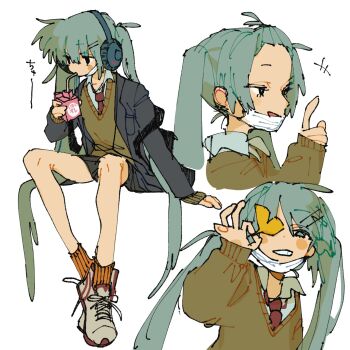 1girl ao_6336 bangs_pinned_back black_jacket black_skirt blazer blue_hair blush_stickers drink_carton drinking drinking_straw ginkgo_leaf green_sweater grin hair_ornament hairclip hatsune_miku headphones highres holding holding_carton holding_leaf jacket lapels leaf mask milk_carton mouth_mask necktie open_clothes open_jacket red_necktie shoes simple_background sitting skirt smile sneakers socks solo surgical_mask sweater twintails v-neck vocaloid white_background