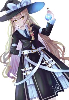 Rule 34 | 1girl, absurdres, adapted costume, arm behind back, belt, black hat, black jacket, black skirt, blonde hair, blue necktie, bow, braid, closed mouth, clothing request, collared shirt, commentary request, dinotodon, flask, frilled skirt, frills, hair between eyes, hair bow, hat, hat bow, highres, holding, holding flask, jacket, kirisame marisa, long hair, necktie, red bow, round-bottom flask, shirt, single braid, skirt, sleeve cuffs, smile, solo, star (symbol), star print, too many, too many belts, touhou, very long hair, white background, white belt, white bow, white shirt, white skirt, wide brim, witch hat, yellow eyes