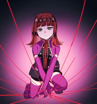 1girl breasts commentary crossed_hands elbow_gloves flipped_hair gloves gradient_background green_eyes headphones holding katori_squad&#039;s_uniform katori_youko long_hair long_sleeves pink_background purple_gloves red_hair short_sleeves solo sonoda_(mzm) string thighhighs turtleneck world_trigger