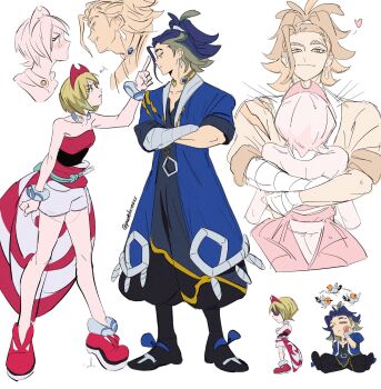 1boy 1girl adaman_(pokemon) arm_wrap blonde_hair blue_hair blush collarbone crossed_arms fletchling gen_6_pokemon heart highres hug irida_(pokemon) looking_at_another multicolored_hair multiple_views nintendo padeliciouss pointing pokemon pokemon_legends:_arceus shaded_face simple_background slap_mark smirk standing tiptoes twitter_username two-tone_hair white_background