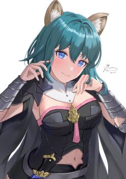 1girl absurdres animal_ears armor black_armor black_coat black_shirt black_shorts blue_eyes blue_hair breasts bustier cleavage closed_mouth clothing_cutout coat commentary_request cowboy_shot crop_top dagger female_byleth_(fire_emblem) fire_emblem fire_emblem:_three_houses hair_between_eyes hands_up highres knife large_breasts long_hair looking_at_viewer mugitoro_(dsfv2277) navel navel_cutout nintendo pantyhose pantyhose_under_shorts patterned_legwear sheath sheathed shirt short_shorts shorts sidelocks signature simple_background smile solo standing strapless strapless_shirt tassel vambraces weapon white_background