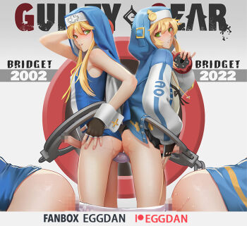 2002 2022 2boys anal anal_object_insertion ass ass-to-ass bent_over black_gloves blonde_hair bridget_(guilty_gear) censored chawanmushi_(steamedeggz) dildo double_dildo dual_persona erection eyelashes fingerless_gloves gloves green_eyes guilty_gear guilty_gear_strive guilty_gear_xx hat hood hood_up hoodie jacket long_hair looking_at_viewer male_focus male_penetrated miniskirt mosaic_censoring multiple_boys object_insertion paid_reward_available penis selfcest sex_toy shared_object_insertion skirt standing teeth thighs trap trap_on_trap yaoi
