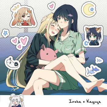 2girls absurdres animal_ears baggy_clothes black_hair blonde_hair blush border character_name chibi cho_kaguya-hime! closed_eyes commentary couch crescent crescent_pin crossed_legs fish fox_ears fox_girl green_eyes green_shirt hand_in_another's_hair hand_on_another's_knee heart highres hugging_object kaguya_(cho_kaguya-hime!) long_hair looking_at_another multiple_girls natsuki_(2917) on_couch one_eye_closed outline pajamas purple_hair rabbit_ears sakayori_iroha shirt short_hair shorts simple_background sitting sitting_on_lap sitting_on_person smile star_(symbol) stroking_hair stuffed_toy symbol-only_commentary tongue tongue_out white_border white_outline yuri