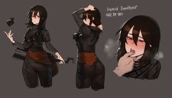1girl ass bad_id bad_pixiv_id black_jacket black_pants blush brown_hair cropped_legs explosive finger_in_another's_mouth grabbing_another's_chin grenade hair_between_eyes hand_on_another's_chin highres jacket looking_at_viewer looking_back medium_hair multiple_views nose_blush open_mouth orange_eyes pants ratatatat74 ringed_eyes riot_games saliva sash sweat tears tongue tongue_grab torogao weapon