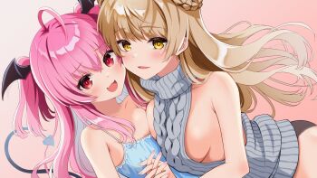 2girls :d absurdres ahoge aran_sweater armpit_crease artist_request asymmetrical_docking bare_shoulders bat_wings black_panties black_wings blonde_hair blue_camisole blush braid breast_press breasts cable_knit camisole cheek-to-cheek crossed_bangs demon_girl demon_tail dress eyelashes fang gradient_background green_nails grey_dress hair_between_eyes halter_dress halterneck head_wings heads_together highres holding_hands indie_virtual_youtuber interlocked_fingers kokon_amane kurumi_huyu large_breasts lips long_hair looking_at_viewer multiple_girls nail_polish official_art open_mouth panties pink_background pink_hair pink_nails red_eyes second-party_source sideboob simple_background skin_fang small_breasts smile sweater sweater_dress tail turtleneck two_side_up underwear very_long_hair virgin_killer_sweater virtual_youtuber wings yellow_eyes
