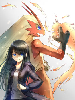 1girl 1other black_hair black_jacket blaziken blue_eyes chenjiyan_y chinese_commentary closed_mouth commentary_request fire furry gen_3_pokemon grey_background grey_shirt highres hood hood_down jacket long_hair looking_at_viewer nintendo partial_commentary pokemon pokemon_(creature) pyrokinesis shirt upper_body