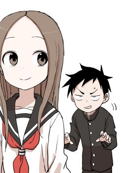 Rule 34 | >:), 1boy, 1girl, absurdres, arms at sides, black hair, brown eyes, brown hair, buttons, collarbone, collared shirt, commentary, high collar, highres, karakai jouzu no takagi-san, long hair, motion lines, nishikata, parted hair, ribbon, school uniform, serafuku, shirt, simple background, smile, sneaking, spiked hair, sweatdrop, takagi-san, white background, yamamoto souichirou