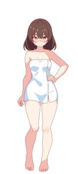 1girl absurdres barefoot blush breasts brown_hair cleavage closed_mouth collarbone commentary_request full_body hakurei_reimu hand_on_own_hip highres korra_down large_variant_set long_hair looking_at_viewer naked_towel no_hair_bow red_eyes solo sweatdrop tachi-e toes touhou towel transparent_background variant_set