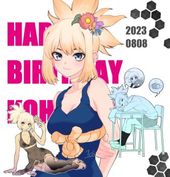 1girl birthday blonde_hair blue_dress blue_eyes breasts chair choker cleavage closed_mouth dated desk dr._stone dreaming dress flower food hair_flower hair_ornament happy_birthday holding kohaku_(dr._stone) looking_at_viewer medium_breasts multiple_views ninomae_gin ponytail school_desk school_uniform sitting sleeping smile speech_bubble suika_(dr.stone) thighhighs thought_bubble white_background