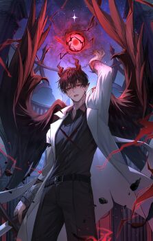 1boy absurdres belt black_belt black_feathers black_hair black_pants black_shirt black_wings choung_choung coat collared_shirt commentary_request cowboy_shot cracked_skin debris demon_horns demon_wings falling_feathers feathered_wings feathers fingernails from_below hair_between_eyes hand_up highres holding holding_sword holding_weapon horns kim_dokja korean_commentary long_sleeves male_focus night official_alternate_costume omniscient_reader's_viewpoint outdoors pants parted_lips pointy_ears red_eyes red_horns sharp_fingernails shirt short_hair sky solo star_(sky) starry_sky sword weapon white_coat wings