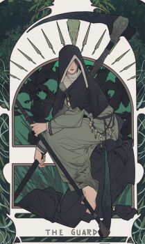 Rule 34 | 1girl, animal skull, art nouveau, barefoot, black hood, border, cloak, coif, commentary, dark souls (series), dark souls iii, english commentary, english text, full body, highres, holding, holding scythe, hood over eyes, megasus, nun, nun headdress, ornate border, scythe, sister friede, sitting, solo