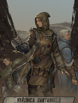 1girl 2boys absurdres apron armor beard black_hair blue_eyes brotherhood_of_steel brown_eyes edgar_hardin english_text facial_hair fallout fence highres hood looking_to_the_side multiple_boys nolan_mcnamara patchwork_clothes penett power_armor power_fist screwdriver veronica_santangelo white_hair