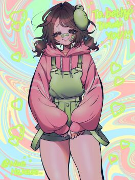 1girl abstract_background absurdres bandaid bandaid_on_face bandaid_on_nose bethy blush brown_eyes brown_hair closed_mouth collarbone commentary_request commission cowboy_shot english_text frog frog_mask gesugao green_hair_ornament green_overalls half-closed_eyes heart highres hood hood_down hoodie indie_virtual_youtuber lips long_sleeves mask mask_on_head medium_hair nuehakase overalls own_hands_together pink_hoodie ringed_eyes short_twintails skeb_commission sleeves_past_wrists smile solo sticker sticker_on_face tomboy twintails twitter_username virtual_youtuber yandere