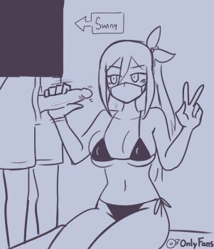 1girl aubrey_(faraway)_(omori) aubrey_(omori) bed bikini bow breasts erection hair_bow handjob long_hair mask navel non-web_source omori only onlyfans onlyfans_logo penis rivrider shorts sketch solo sunny_(omori) swimsuit