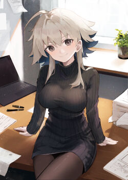 1girl absurdres ahoge arknights bilingual_commentary black_eyes black_pantyhose black_sweater breasts closed_mouth commentary computer cowboy_shot desk ema_(kuguiema) grey_hair hair_between_eyes highres laptop light_particles long_sleeves looking_at_viewer mayer_(arknights) medium_breasts mixed-language_commentary pantyhose paper paper_stack pen plant potted_plant ribbed_sweater short_hair_with_long_locks sidelocks sitting smile solo stretched_shirt sunlight sweater turtleneck turtleneck_sweater window