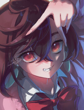 1girl absurdres artist_name ayase_momo bow bowtie brown_eyes brown_hair commentary dandadan earrings grin hair_between_eyes highres jewelry krtc_mgk looking_at_viewer red_bow red_bowtie short_hair signature smile solo v