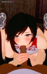 1boy 1girl 3d animated artist_name ass bare_shoulders black_hair bottomless breasts breasts_out dark-skinned_male dark_skin exercising fellatio giddora gradient_hair grey_eyes hetero highres huge_ass indoors interior interracial kneeling large_penis medium_breasts multicolored_hair nipples oral penis pixiewillow pov red_hair ruby_rose rwby shoes short_hair sneakers sound tagme uncensored video