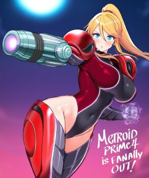 1girl absurdres ahoge armor black_leotard blue_sky breasts clenched_hand commentary covered_navel english_commentary full_moon gun hair_elastic high_ponytail highleg highleg_leotard highres jarckius large_breasts leotard long_hair machine_gun metroid metroid_prime_4:_beyond moon multicolored_leotard night night_sky nintendo open_mouth ponytail purple_sky red_leotard samus_aran shoulder_armor sky solo standing thighhighs turtleneck very_long_hair weapon