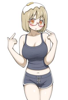 1girl absurdres bare_shoulders blonde_hair blush breasts cleavage collarbone dokadayo egg food food_on_head fried_egg grey_shorts grey_tank_top highres large_breasts looking_at_viewer midriff navel object_on_head open_mouth orange_eyes pale_skin pointing pointing_at_self semi-rimless_eyewear shimeji_simulation short_hair shorts simple_background solo tank_top white_background yamashita_majime