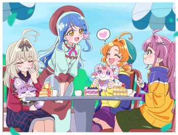 4girls :d ahoge akechi_anna akizora_(aki_precure) antenna_hair apron blonde_hair blue_hair braid butterfly_hair_ornament cake casual chef_hat chewing closed_eyes commentary_request cosplay cure_answer cure_answer_(cosplay) cure_arcana_shadow cure_arcana_shadow_(cosplay) double_bun eating food green_eyes hair_bun hair_intakes hair_ornament hair_ribbon hat heart highres holding holding_tray howa_kurea kobayashi_mikuru long_hair looking_at_another mashu-tan meitantei_precure! moria_luluka multiple_girls open_mouth orange_hair outdoors pink_hair pink_ribbon pochi-tan precure ribbon single_braided_sidelock sitting smile spoken_heart table tray two_side_up waitress wavy_hair yellow_eyes