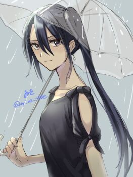 Rule 34 | 1girl, artist name, black eyes, black hair, black shirt, highres, kantai collection, nachi (kancolle), one-hour drawing challenge, rain, shirt, short sleeves, side ponytail, solo, transparent, transparent umbrella, twitter username, umbrella, upper body, wiwo