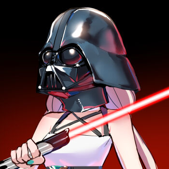 1girl aqua_nails blonde_hair camisole cosplay darth_vader darth_vader_(cosplay) energy_sword enna_alouette from_side gradient_background helmet holding holding_sword holding_weapon kt._(kaisou-notagui) lightsaber low_twintails nail_polish nijisanji nijisanji_en portrait solo star_wars sword twintails virtual_youtuber weapon white_camisole