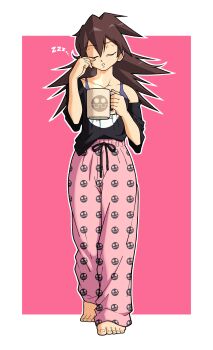 1girl absurdres barefoot bra clenched_teeth closed_eyes cup detached_sleeves diegodoodles dress full_body highres holding holding_cup long_sleeves mega_man_(series) mega_man_legends mega_man_legends_(series) mug pajamas parted_lips pink_background purple_bra simple_background skull_print sleepy solo strapless strapless_dress teeth tron_bonne_(mega_man) two-tone_background underwear white_background