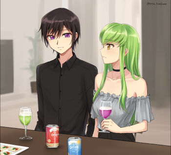 1boy 1girl artist_name black_choker black_hair black_shirt blush c.c. can choker code_geass collarbone collared_shirt cup drink green_hair grey_shirt hair_between_eyes highres holding holding_cup holding_drink indoors lelouch_vi_britannia long_hair looking_at_another looking_to_the_side off-shoulder_shirt off_shoulder purple_eyes setu_kurokawa shirt short_hair smile table twitter_username watermark yellow_eyes