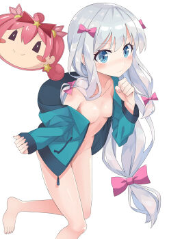 10s 1girl bare_shoulders barefoot blue_eyes blue_hair blush bow breasts closed_mouth coat eromanga_sensei feet female_focus hair_bow highres hoshikuzu_witch_meruru izumi_sagiri jacket long_hair looking_at_viewer mask meruru_(oreimo) naked_coat open_clothes open_jacket pink_bow silver_hair simple_background small_breasts solo toes very_long_hair white_background xuan_chu