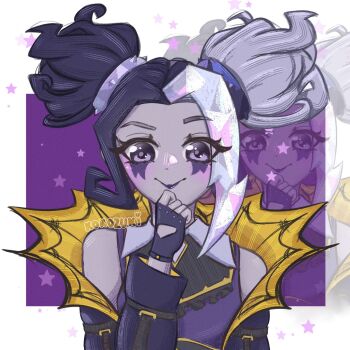 1girl artist_name bare_shoulders black_dress black_gloves black_hair black_jacket closed_mouth collar colored_skin dress fingerless_gloves gloves grey_hair grey_skin hand_on_own_chin highres jacket kokozukiart league_of_legends looking_at_viewer makeup multicolored_hair off_shoulder official_alternate_costume parted_bangs prestige_fright_night_zeri purple_eyes purple_lips sidelocks smile solo spider_web_print split-color_hair twintails unzipped white_collar white_hair yellow_jacket zeri_(league_of_legends)