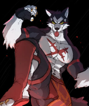 1boy abs absurdres animal_ears bara biceps black_background black_fur blackham bulge claws collarbone commentary cross_scar english_commentary fangs fingerless_gloves furry furry_male gloves highres loincloth looking_at_viewer male_focus male_underwear monster_(fighting_game) multicolored_fur muscular muscular_male open_mouth othello_(monster) pectorals red_male_underwear scar scar_on_chest smile tongue tongue_out topless_male underwear white_fur wolf_boy wolf_ears