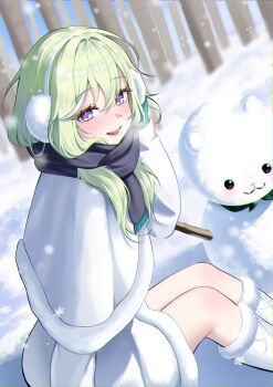 1girl absurdres arm_at_side black_scarf boots capelet choppy_bangs day dress earmuffs eengchi feet_out_of_frame from_side fur-trimmed_boots fur-trimmed_capelet fur-trimmed_dress fur_trim green_hair hand_up hashtag-only_commentary highres long_hair long_sleeves looking_at_viewer looking_to_the_side open_mouth outdoors purple_eyes scarf short_dress sitting smile snow snowing snowman solo stellive thigh_strap turning_head virtual_youtuber white_boots white_capelet white_dress winter winter_clothes yuzuha_riko