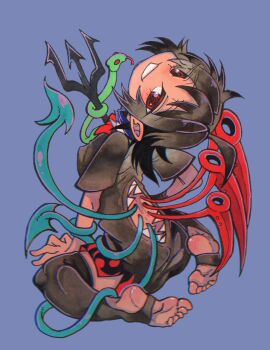 1girl absurdres arched_back asymmetrical_wings back_cutout black_dress black_hair black_thighhighs blue_background blue_wings bow bowtie clothing_cutout commentary_request dress grin highres houjuu_nue inuyama_konan looking_at_viewer looking_up pointy_ears polearm red_bow red_bowtie red_eyes red_wings ringed_eyes short_hair simple_background sitting smile snake solo stirrup_legwear thighhighs toeless_legwear touhou trident wariza weapon wings