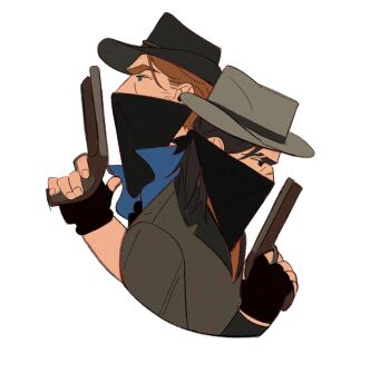 2boys arm_up arthur_morgan bandana bandana_over_mouth black_bandana black_gloves black_hair blue_eyes blue_shirt brown_eyes brown_hair collared_shirt covered_mouth cowboy cropped_shoulders dingnin98201637 eyebrow_cut facial_hair fingerless_gloves gloves grey_jacket gun handgun hashtag-only_commentary highres holding holding_gun holding_weapon jacket john_marston male_focus medium_hair multiple_boys popped_collar profile red_dead_redemption_(series) red_dead_redemption_2 shirt sideburns_stubble stubble weapon western