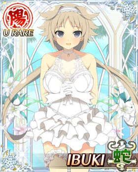 1girl blush border breasts bride brown_hair card_(medium) character_name choker cleavage day dress flower game_cg gloves grey_eyes hairband ibuki_(senran_kagura) large_breasts long_hair low_twintails official_art open_mouth own_hands_together senran_kagura senran_kagura_new_wave short_dress skirt sleeveless sleeveless_dress smile solo thigh_strap third-party_source twintails wedding wedding_dress white_choker white_dress white_flower white_gloves white_hairband white_skirt