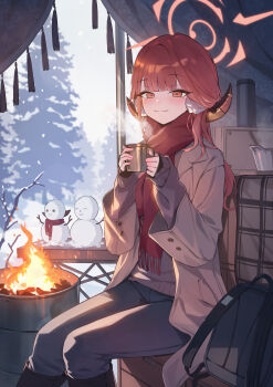 1girl absurdres alternate_costume aru_(blue_archive) backpack bag black_bag black_pants black_sweater blue_archive blush brown_coat campfire camping closed_mouth coat commentary_request cup demon_girl demon_horns drum_(container) earmuffs fire halo highres holding holding_cup horns long_hair looking_at_viewer mug okkimon orange_halo pants red_eyes red_hair red_scarf scarf smile snow snowman solo sweater