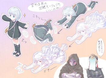 1boy 3girls android black_jacket blue_eyes blue_hair blush_stickers boots cloak closed_eyes commentary_request crossed_arms dress ender_lilies_quietus_of_the_knights ender_magnolia_bloom_in_the_mist highres hood hooded_cloak izuchi_nanchi jacket jumping knight lilac_(ender_magnolia) lily_(ender_lilies) long_hair multiple_girls nola_(ender_magnolia) rolling short_hair smile sparkle t-pose translation_request umbral_knight_(ender_lilies) veil white_dress white_hair