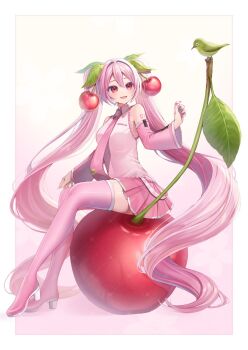 Rule 34 | 1girl, animal, bare shoulders, bird, blush, boots, cherry blossom print, cherry blossoms, cherry hair ornament, collared shirt, commentary request, detached sleeves, falling petals, fingernails, floral print, food-themed hair ornament, full body, green bird, hair between eyes, hair ornament, hatsune miku, headset, highres, long hair, long sleeves, looking at viewer, miniskirt, momoirone, nail polish, necktie, open mouth, petals, pink boots, pink eyes, pink hair, pink nails, pink necktie, pink skirt, pink sleeves, pleated skirt, sakura miku, shirt, simple background, skirt, sleeveless, sleeveless shirt, smile, solo, thick thighs, thigh boots, thighhighs, thighs, twintails, very long hair, vocaloid, white background, wide sleeves, zettai ryouiki