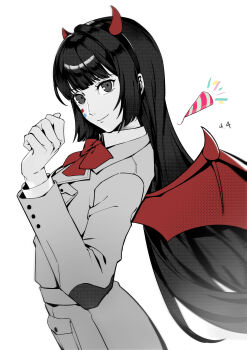 1girl absurdres bow bowtie closed_mouth commentary_request dated demon_horns demon_wings fake_horns fake_wings floating_hair highres horns jacket limited_palette long_hair long_sleeves looking_at_viewer persona persona_5 persona_5:_the_phantom_x pocket red_bow red_bowtie red_horns red_wings school_uniform simple_background smile solo tanemura_riko tria0c2 wings