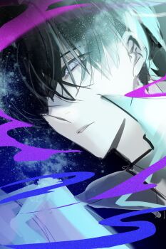 Rule 34 | 1boy, absurdres, black hair, black shirt, blank stare, coat, colored smoke, grey eyes, hayu beck, highres, kim dokja, male focus, omniscient reader's viewpoint, open clothes, open coat, parted lips, popped collar, portrait, shirt, short hair, smoke, solo, starry sky print, white coat