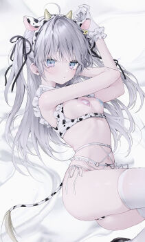 :o animal_ears animal_print arm_behind_head arms_up bandaid bandaids_on_nipples black_ribbon black_shoes blue_eyes blush breasts buckle cow_ears cow_girl cow_horns cow_print cow_print_panties cow_tail ear_tag frilled_gloves frills gloves grey_hair hair_ribbon heart_pasties highres horns lingerie mashiro_shiki multicolored_eyes navel original panties pasties pink_eyes ribbon shoes simple_background small_breasts string_panties tail thighhighs twintails underwear white_background white_thighhighs