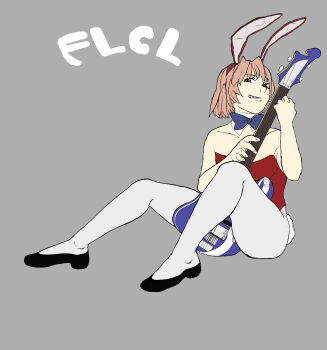 1girl absurdres bass_guitar blue_bow blue_bowtie bow bowtie copyright_name cosplay daicon_bunny_girl daicon_bunny_girl_(cosplay) detached_collar fake_tail flcl grey_background haruhara_haruko highres holding holding_bass_guitar holding_instrument instrument leotard looking_at_viewer pink_hair playboy_bunny rabbit_tail rannsama_(pa) red_leotard rickenbacker rickenbacker_4001 short_hair sitting solo strapless strapless_leotard tail