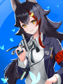 1girl absurdres alternate_costume animal_ears armband black_hair black_jacket gun hair_ornament hairpin highres holding holding_gun holding_weapon hololive jacket long_hair looking_at_viewer ookami_mio persona persona_3 ponytail red_armband red_hair shirt solo torakichi_888 virtual_youtuber weapon white_shirt wolf_ears wolf_girl yellow_eyes