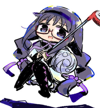 Rule 34 | 1girl, akemi homura, black hair, black pantyhose, blush, braid, buckler, chibi, commentary request, full body, glasses, golf club, holding, jacket, kasuga yuuki, knees together feet apart, long hair, low twintails, mahou shoujo madoka magica, open mouth, pantyhose, purple eyes, red-framed eyewear, semi-rimless eyewear, shield, simple background, solo, twin braids, twintails, under-rim eyewear, very long hair, wavy mouth, white background, white jacket