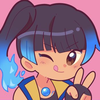 1girl black_hair blue_hair blush brown_eyes chest_jewel commentary dark-skinned_female dark_skin dot_nose english_commentary fiery_hair gradient_hair highres looking_at_viewer marikyuunn medium_hair multicolored_hair one_eye_closed pink_background ponytail portrait sena_(xenoblade) side_ponytail simple_background smile solo thick_lineart tongue tongue_out v v-shaped_eyebrows xenoblade_chronicles_(series) xenoblade_chronicles_3