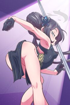 1girl arched_back armpits ass bare_legs bare_shoulders black_dress black_gloves black_hair blue_archive blush breasts closed_mouth covered_erect_nipples double_bun dress embarrassed expressionless eyelashes feet_out_of_frame female_focus from_behind from_below from_side gloves grey_eyes hair_bun half_gloves hand_up indoors kisaki_(blue_archive) leaning_forward loli long_hair looking_at_viewer looking_down looking_to_the_side nightclub outstretched_arm pelvic_curtain poethewondercat pole_dancing profile sleeveless sleeveless_dress small_breasts solo standing stretching twintails variant_set