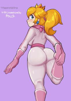 1girl 2024 alternate_breast_size_(larger) ass biker_clothes biker_peach blonde_hair blue_eyes bodysuit breasts commentary crown earrings english_commentary english_text female_focus foot_out_of_frame from_behind gloves highres hip_focus holding_own_leg huge_ass jewelry large_breasts lips looking_at_viewer looking_back mario_(series) mario_kart mario_kart_8 nintendo official_alternate_costume official_alternate_hairstyle pink_background pink_bodysuit pink_gloves pink_scarf pink_scrunchie ponytail princess_peach scarf scrunchie solo standing standing_on_one_leg stretching thick_thighs thighs triggerpigart white_bodysuit wide_hips