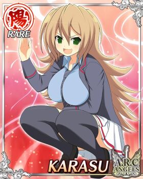 1girl :d black_coat black_necktie black_thighhighs blue_shirt border breasts brown_hair card_(medium) character_name coat diagonal-striped_clothes diagonal-striped_necktie english_text game_cg green_eyes karasu_(senran_kagura) large_breasts long_hair looking_at_viewer necktie official_art open_clothes open_coat open_mouth pleated_skirt senran_kagura senran_kagura_new_wave shirt skindentation skirt smile solo squatting striped_clothes thighhighs waving white_skirt