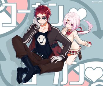 1boy 1girl :d absurdres arrow_(symbol) ball bans black_footwear black_shirt blush boots breasts brown_jacket brown_pants brown_sweater crossover dice dice_earrings drop_shadow earrings gloves grey_background grey_gloves hair_between_eyes hair_ribbon highres holding holding_ball jacket jewelry long_hair long_sleeves low_ponytail medium_breasts nijisanji ninahachi nintendo open_clothes open_jacket open_mouth pants pink_hair plaid_clothes plaid_skirt pleated_skirt poke_ball poke_ball_(basic) pokemon ponytail puffy_long_sleeves puffy_sleeves purple_eyes red_ribbon red_skirt ribbon shiina_yuika shiina_yuika_(1st_costume) shirt sitting skirt sleeves_past_wrists smile sunglasses sweater tenkai_tsukasa twitter_username very_long_hair virtual_youtuber